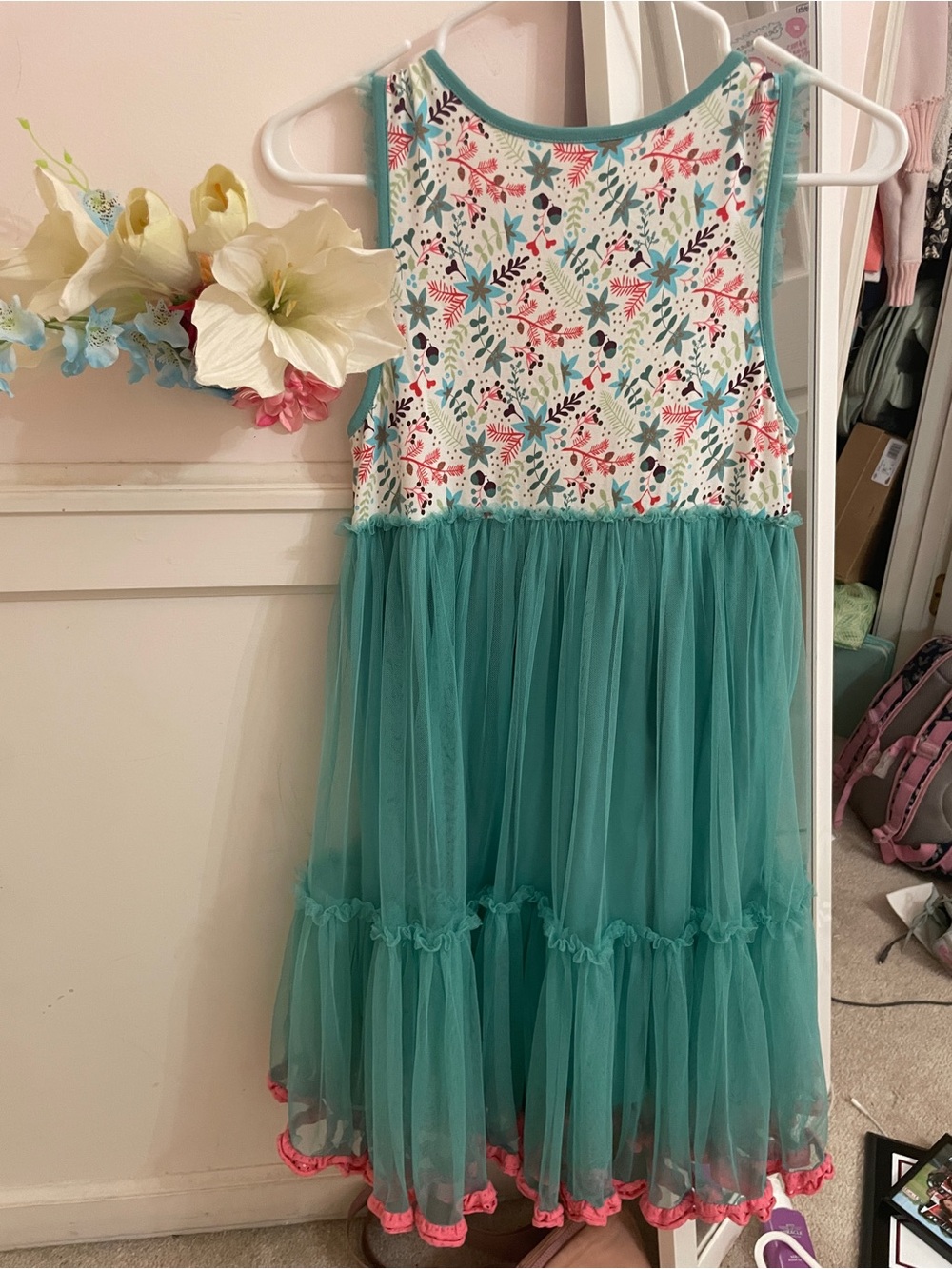 Like new Matilda Jane Teal Floral Bodice Tulle Dress with Pink Trim